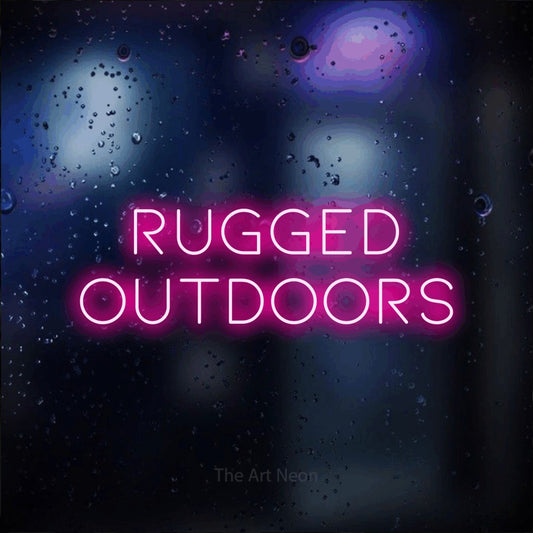 Hot pink LED neon sign reading "Rugged Outdoors" against a dark blue bokeh background