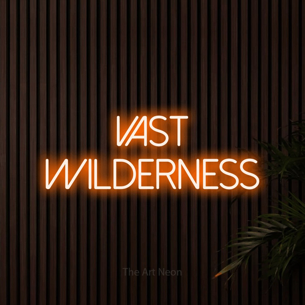 Orange LED neon sign reading "Vast Wilderness" against dark wooden slats