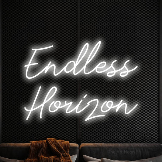 Cool white script-style LED neon sign reading "Endless Horizon" against a black textured wall