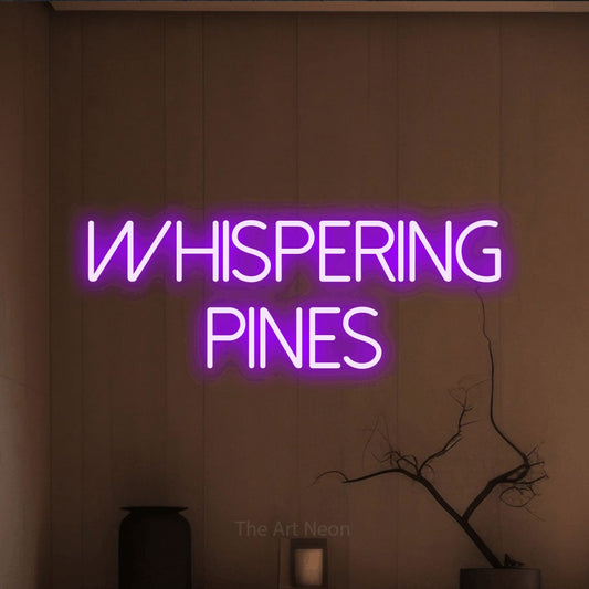 Purple LED neon sign reading "Whispering Pines" against a warm brown wall