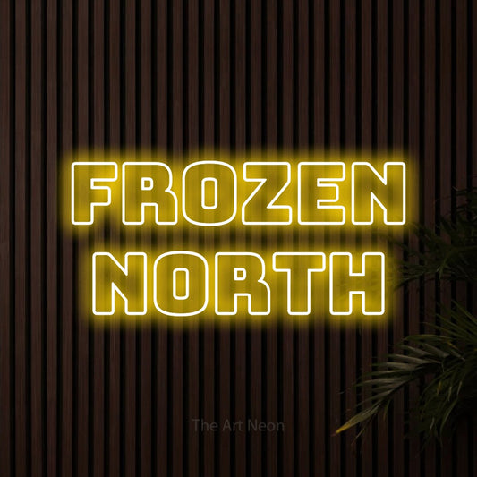 Yellow outline-style LED neon sign reading "Frozen North" against dark wooden slats