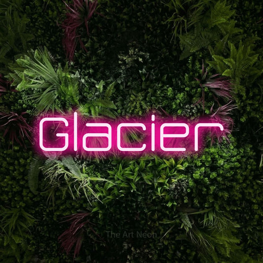 Hot pink LED neon sign reading "Glacier" against a lush garden wall with pink flowers