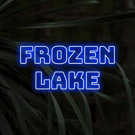Blue outline-style LED neon sign reading "Frozen Lake" against dark tropical leaves