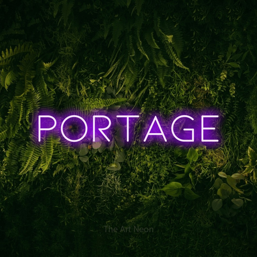 Purple LED neon sign reading "Portage" against a moss-covered green wall