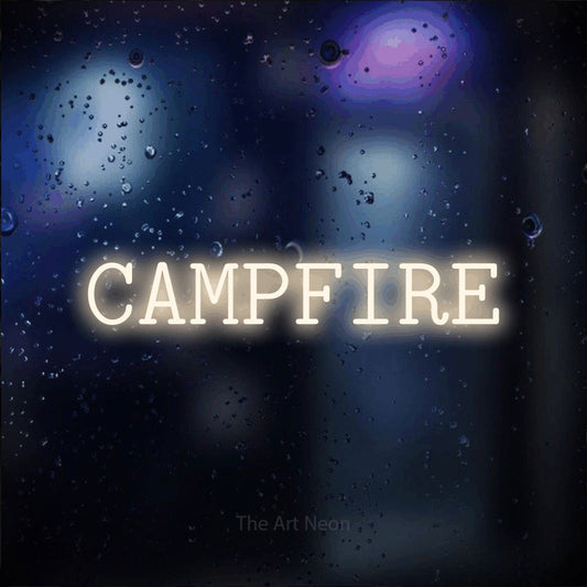 Warm white LED neon sign reading "Campfire" against a dark blue bokeh background