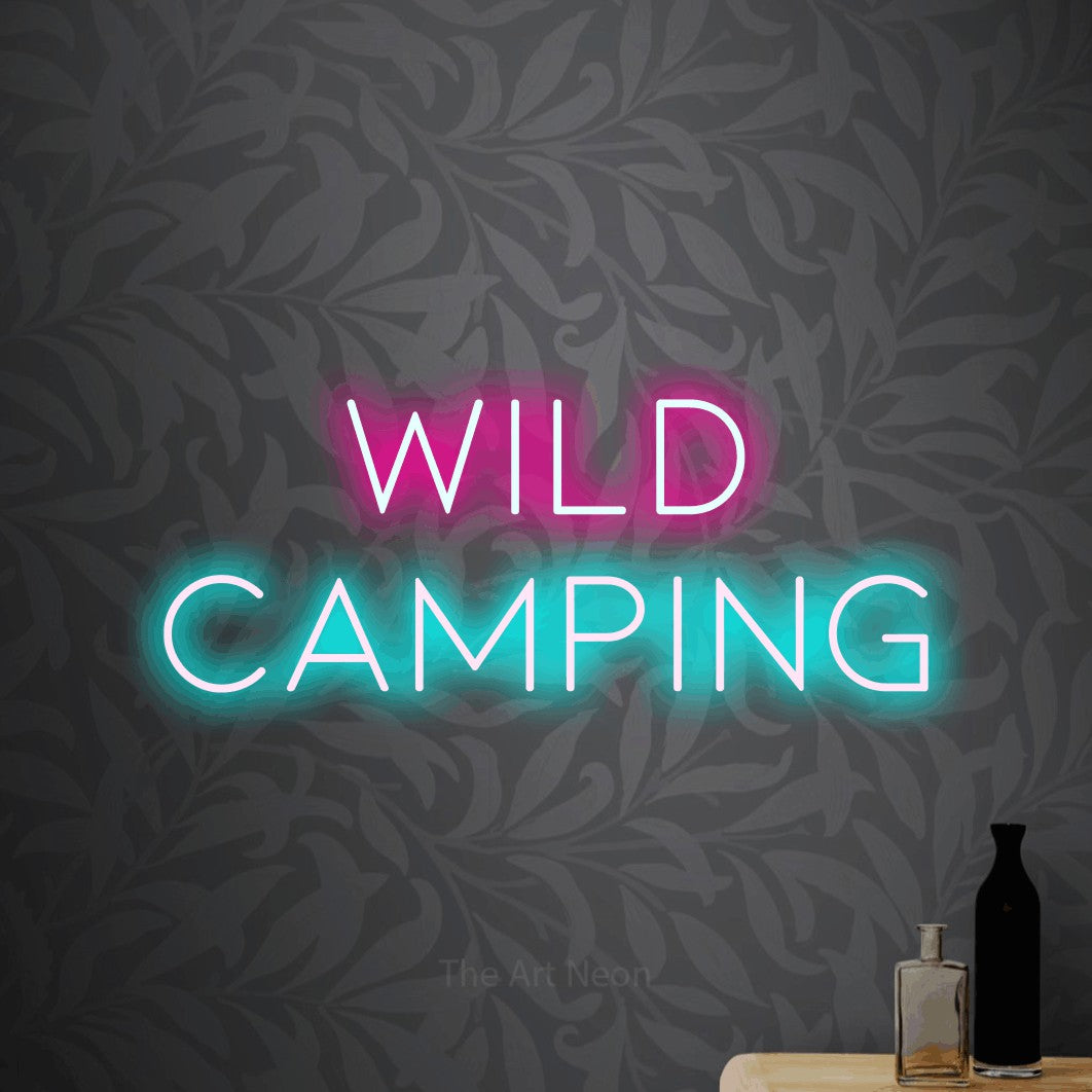 Ice blue and hot pink LED neon sign reading "Wild Camping" against light grey floral wallpaper