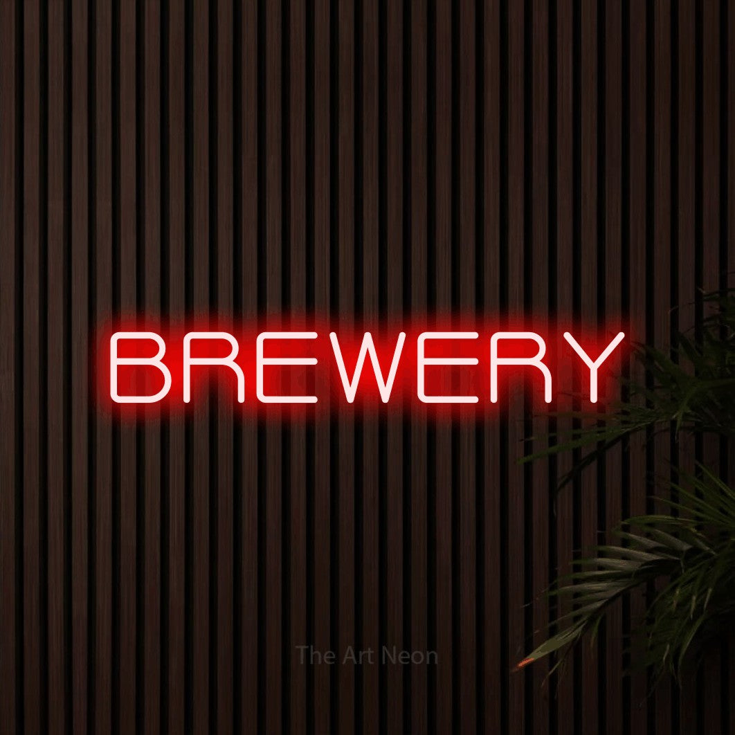 Red LED neon sign reading "Brewery" against dark wooden slats