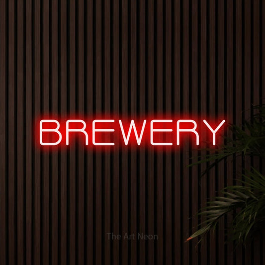 Red LED neon sign reading "Brewery" against dark wooden slats
