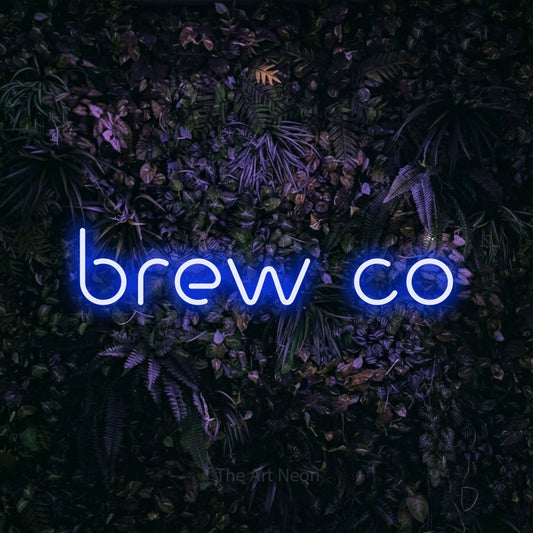 Blue LED neon sign reading "Brew Co" against a purple floral wall