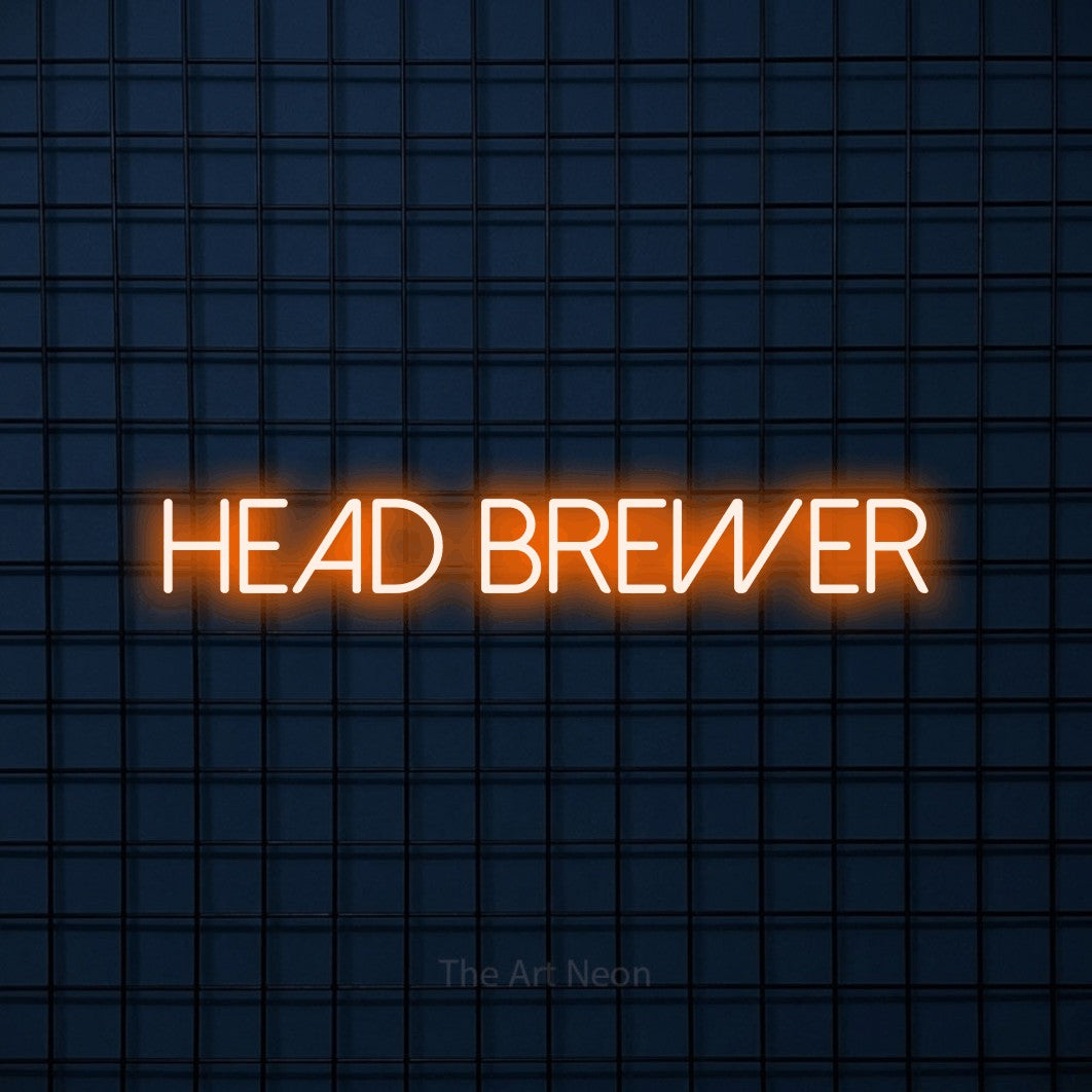 Orange LED neon sign reading "Head Brewer" against a dark blue tiled wall