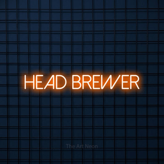 Orange LED neon sign reading "Head Brewer" against a dark blue tiled wall