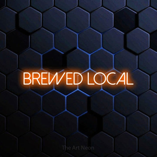 Orange LED neon sign reading "Brewed Local" against a blue hexagonal wall