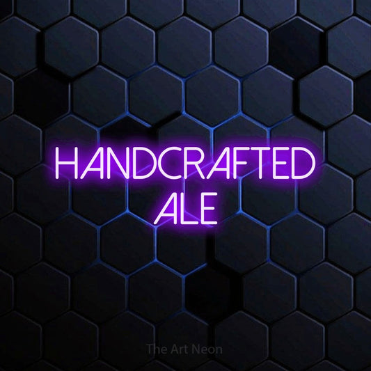 Purple LED neon sign reading "Handcrafted Ale" against a blue hexagonal wall