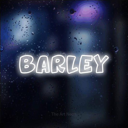 Cool white outline-style LED neon sign reading "Barley" against a dark blue bokeh background