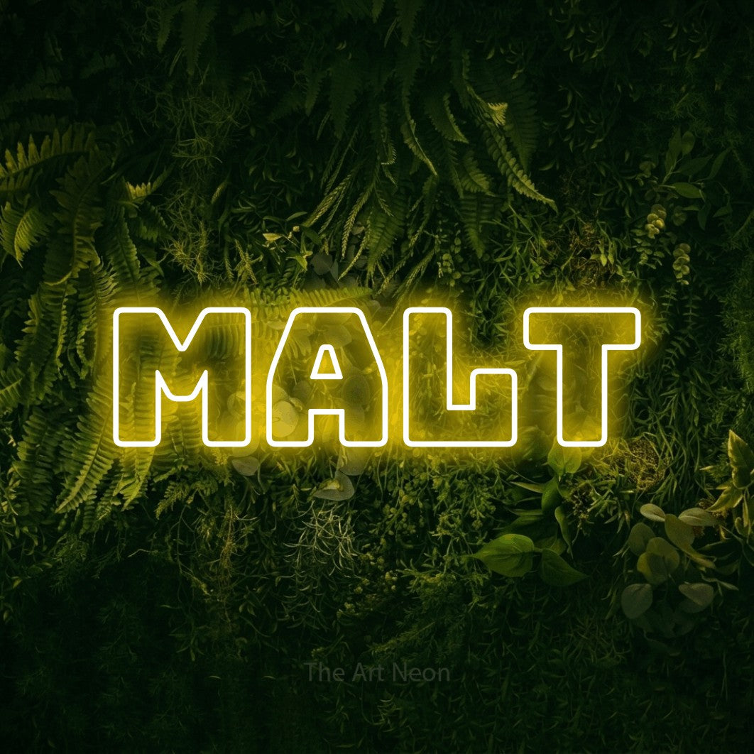 Yellow outline-style LED neon sign reading "Malt" against a moss-covered green wall