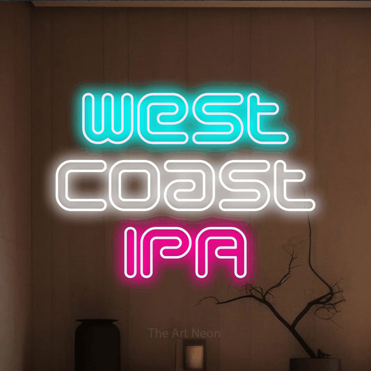Multicolour outline-style LED neon sign reading "West Coast IPA" against a warm brown wall