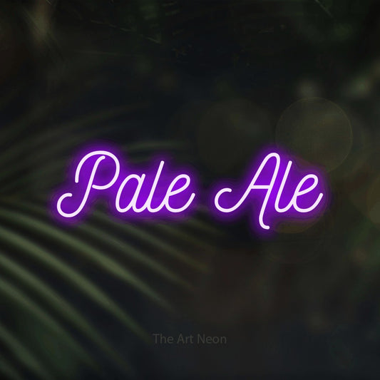 Purple script-style LED neon sign reading "Pale Ale" against dark blurred palm leaves
