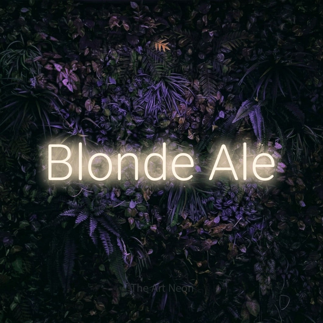 Warm white LED neon sign reading "Blonde Ale" against a purple floral wall