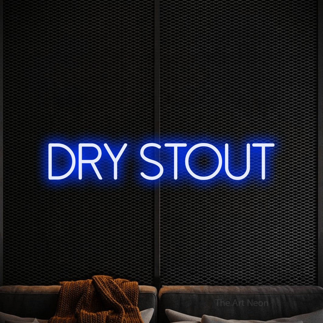 Blue LED neon sign reading "Dry Stout" against a black textured wall