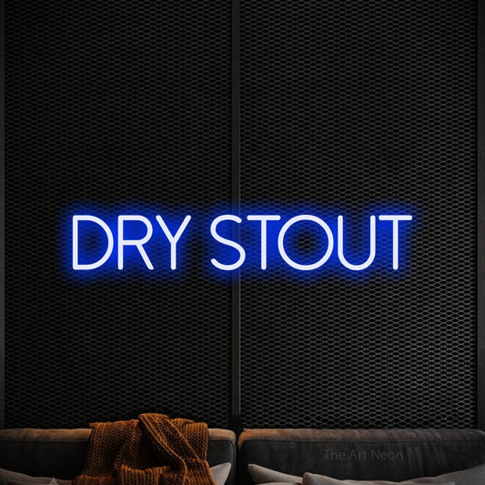 Blue LED neon sign reading "Dry Stout" against a black textured wall
