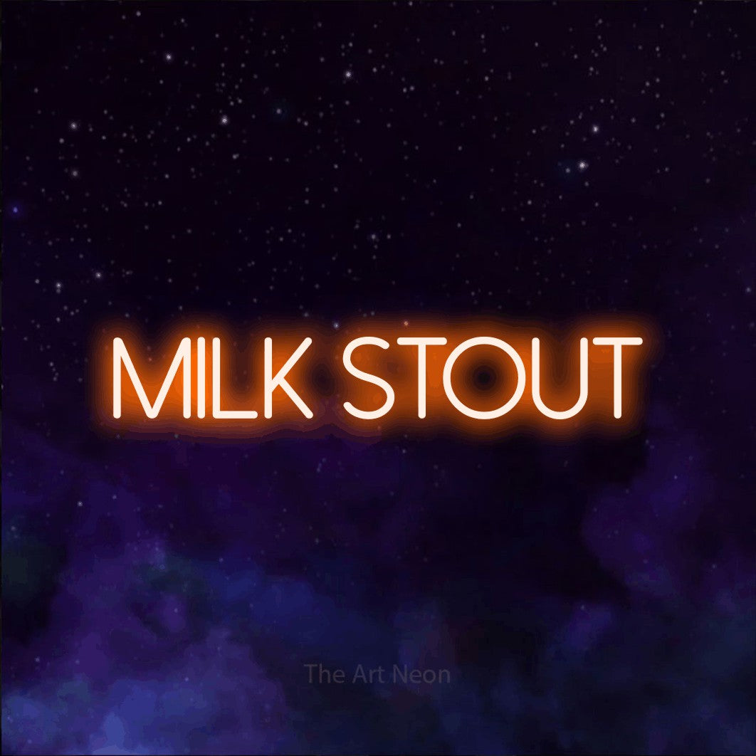 Orange LED neon sign reading "Milk Stout" against a purple galaxy background