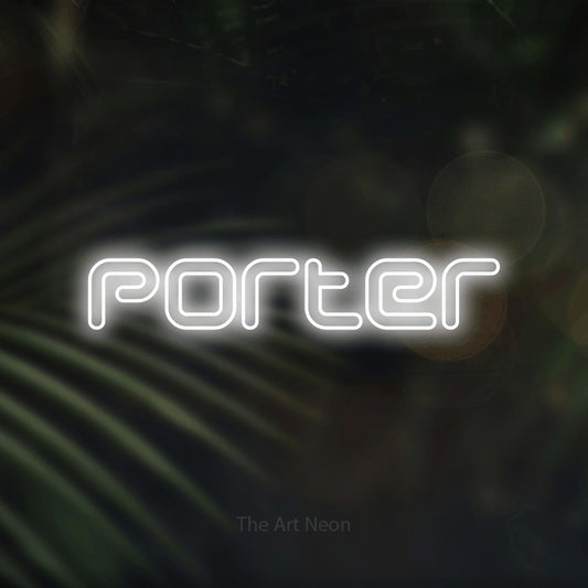 Cool white outline-style LED neon sign reading "Porter" against dark blurred palm leaves
