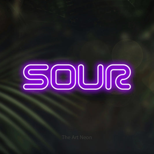 Purple outline-style LED neon sign reading "Sour" against dark blurred palm leaves