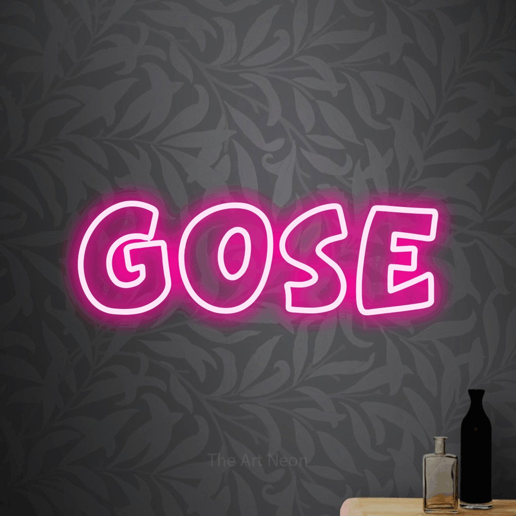 Hot pink outline-style LED neon sign reading "Gose" against light grey floral wallpaper