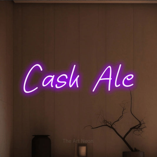 Purple LED neon sign reading "Cask Ale" against a warm brown wall
