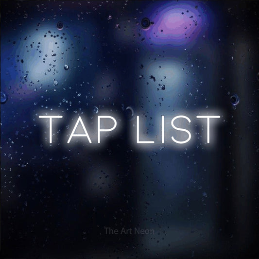 Cool white LED neon sign reading "Tap List" against a dark blue bokeh background