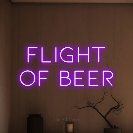 Purple LED neon sign reading "Flight of Beer" against a warm brown wall
