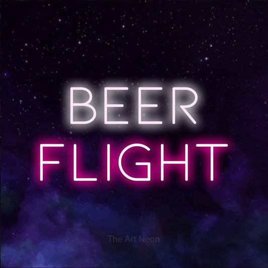 Hot pink and cool white LED neon sign reading "Beer Flight" against a purple galaxy background