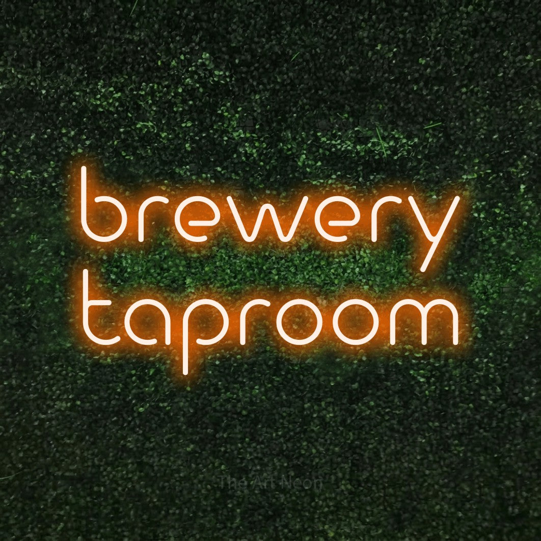 Orange LED neon sign reading "Brewery Taproom" against a textured green moss wall