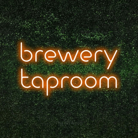 Orange LED neon sign reading "Brewery Taproom" against a textured green moss wall