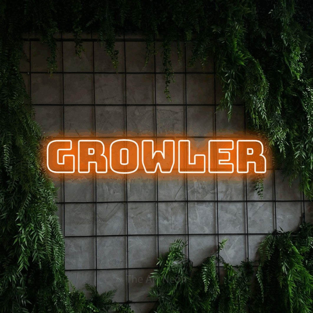 Orange outline-style LED neon sign reading "Growler" against a green grid wall with foliage