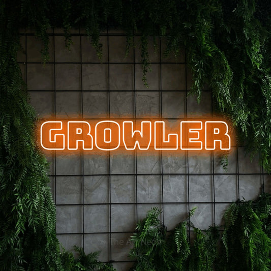 Orange outline-style LED neon sign reading "Growler" against a green grid wall with foliage