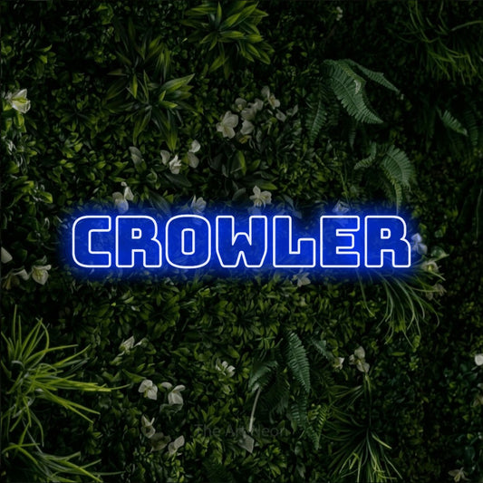 Blue outline-style LED neon sign reading "Crowler" against a leafy green wall
