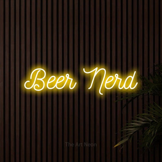 Yellow script-style LED neon sign reading "Beer Nerd" against dark wooden slats