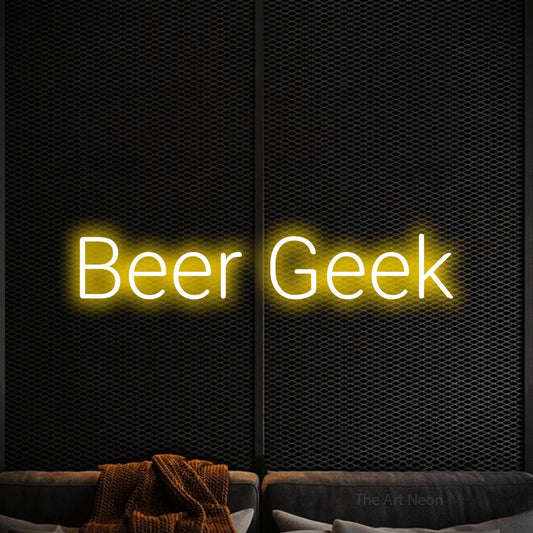 Yellow LED neon sign reading "Beer Geek" against a black textured wall