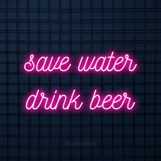 Hot pink script-style LED neon sign reading "Save Water Drink Beer" against a dark blue tiled wall
