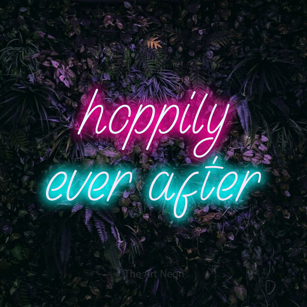 Ice blue and hot pink LED neon sign reading "Hoppily Ever After" against a purple floral wall