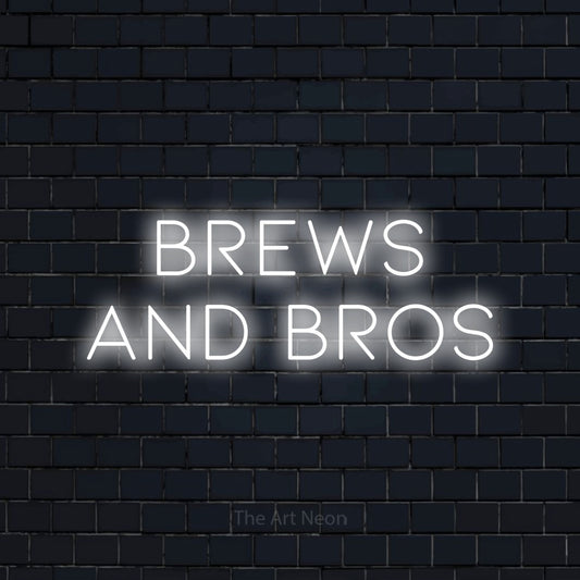 Cool white LED neon sign reading "Brews and Bros" against a dark navy brick wall