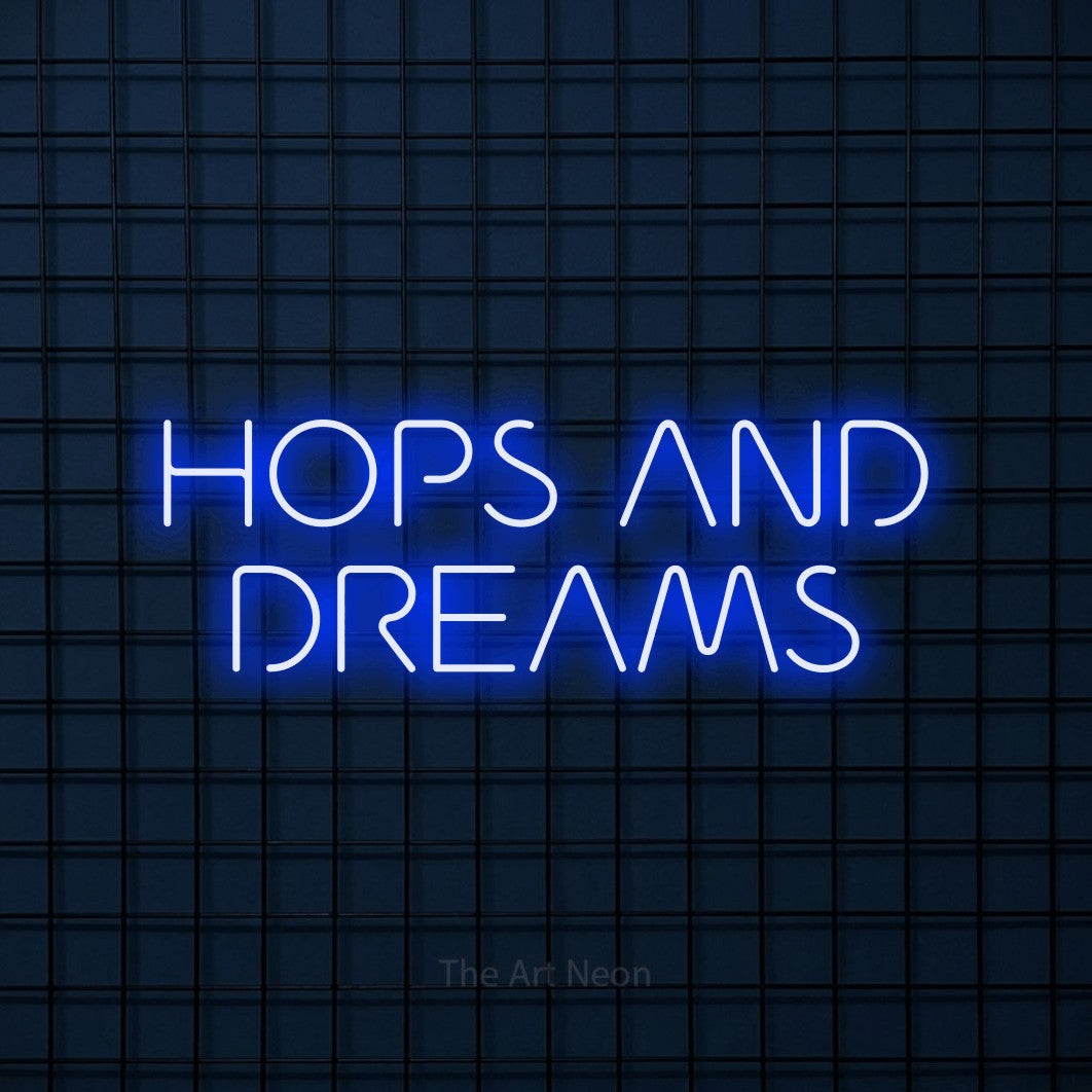 Blue LED neon sign reading "Hops and Dreams" against a dark blue tiled wall