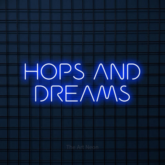 Blue LED neon sign reading "Hops and Dreams" against a dark blue tiled wall