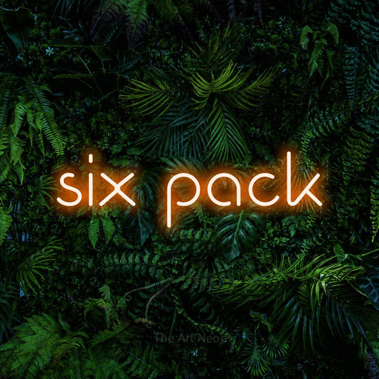 Orange LED neon sign reading "Six Pack" against a dense tropical foliage wall