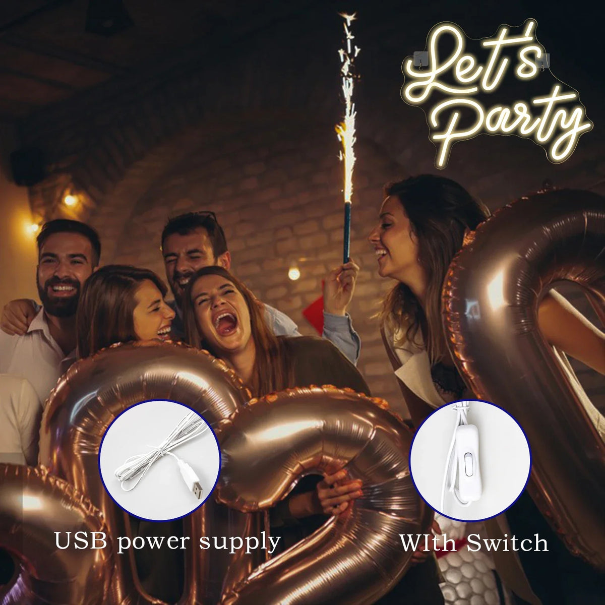Enseigne néon LED USB 5 V Let's Party