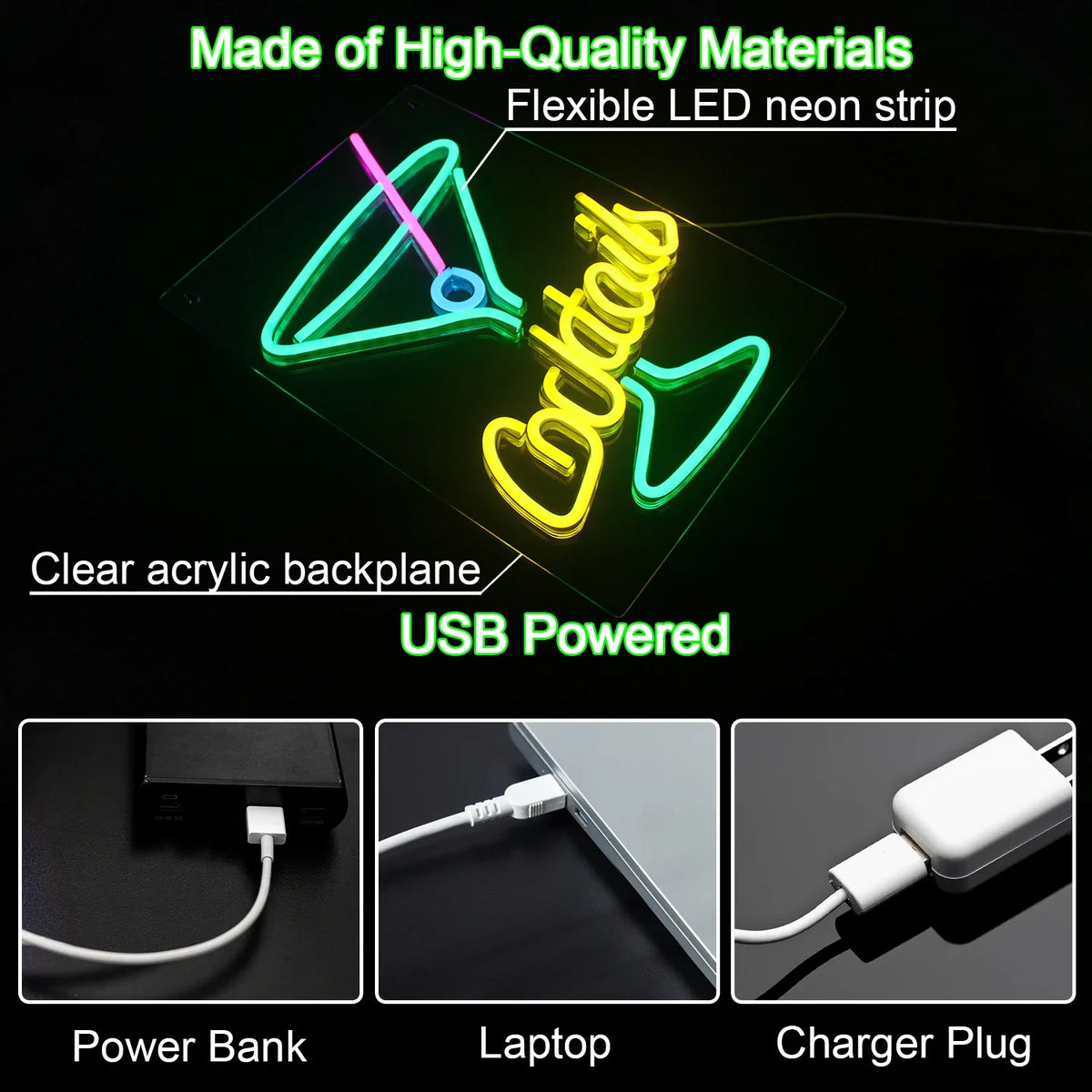 Green Cocktails 5V USB LED neon sign