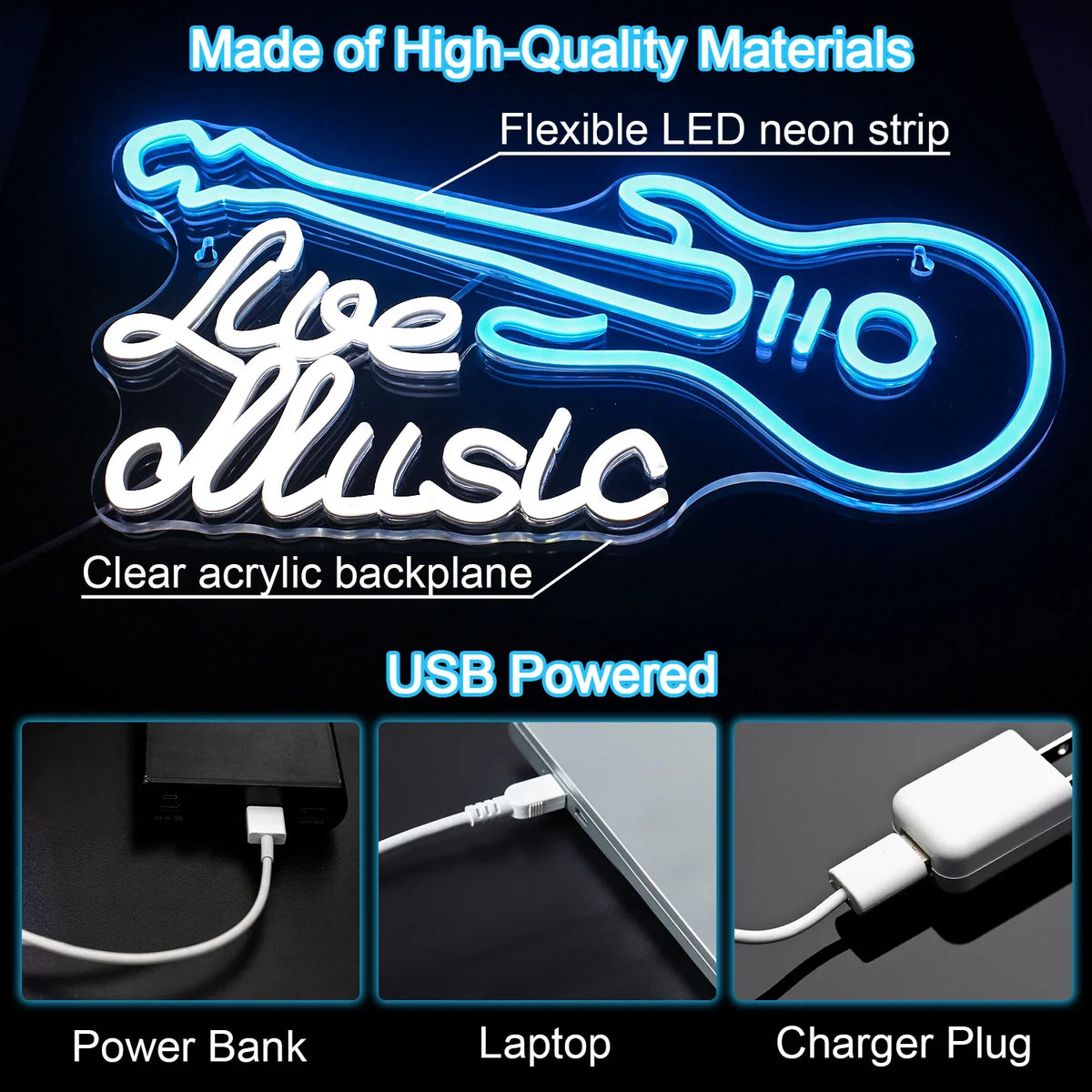 Enseigne néon LED USB 5 V Guitare « Live Music »