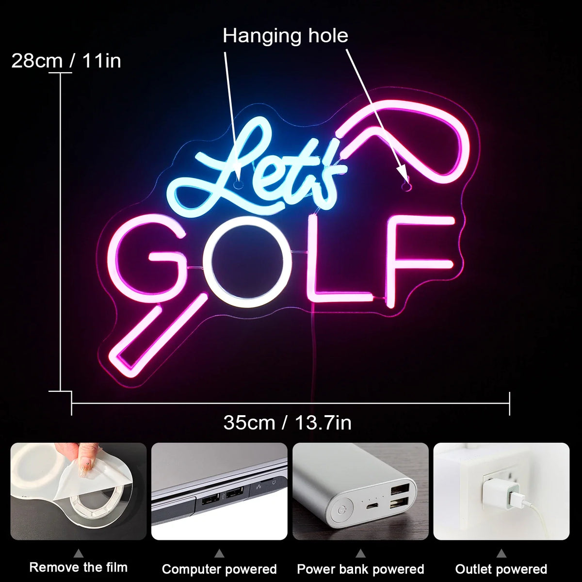 Enseigne néon LED USB 5 V Let's Golf