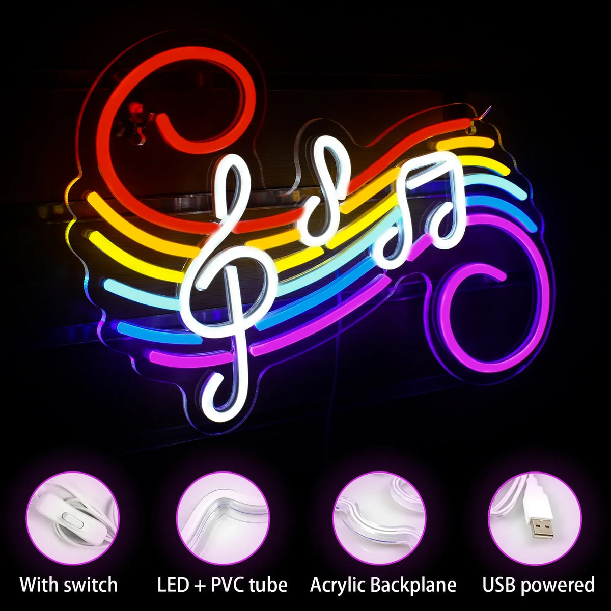 Colourful Musical Notes 5V USB LED neon sign